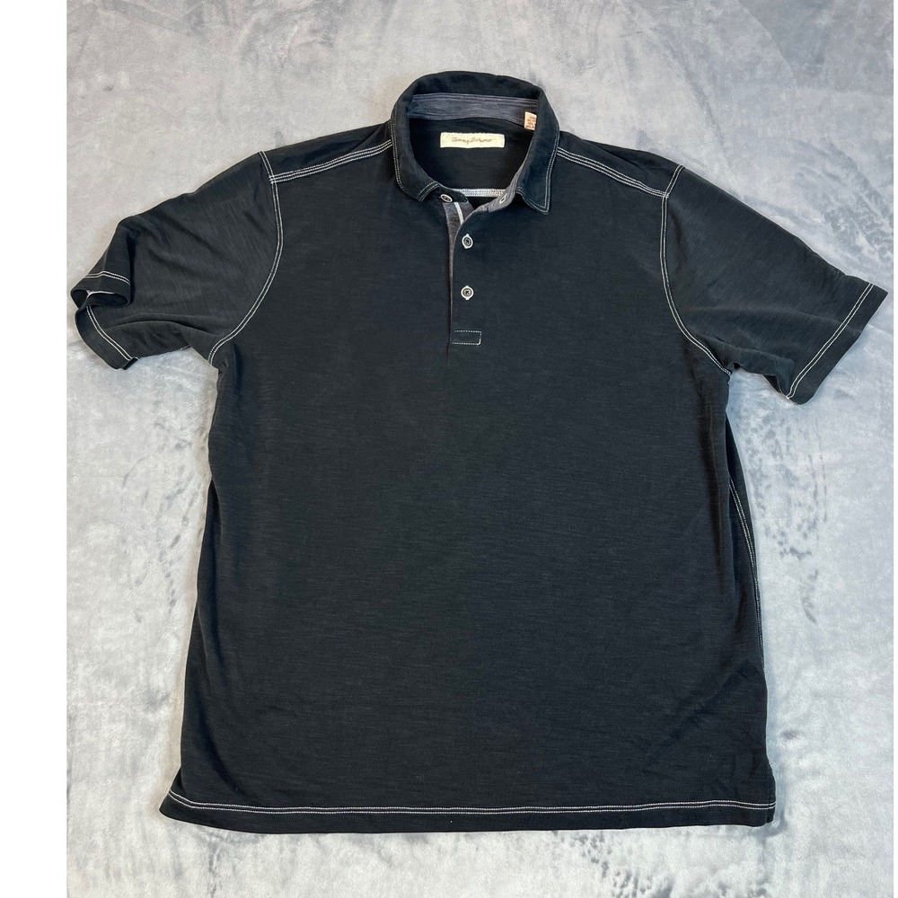 Tommy Bahama Men Large Black Modal Blend Contrast Stitch Polo Shirt Short Sleeve